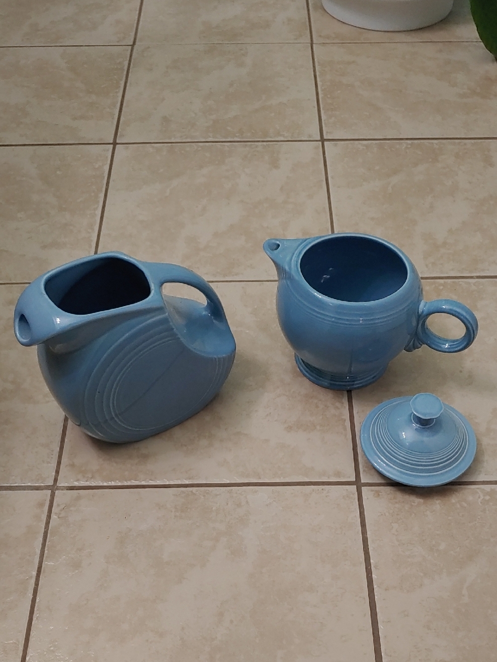 Vintage Fiesta Teapot And Disc Pitcher Periwinkle Blue by Homer Laughlin